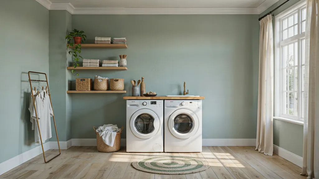 Farmhouse laundry room painted in Garden Cucumber green