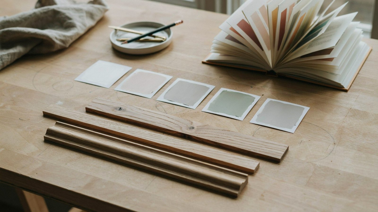 Paint swatches and oak wood trim samples showing how undertones affect paint color choices.