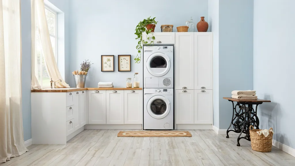Farmhouse laundry room featuring Lullaby soft blue paint
