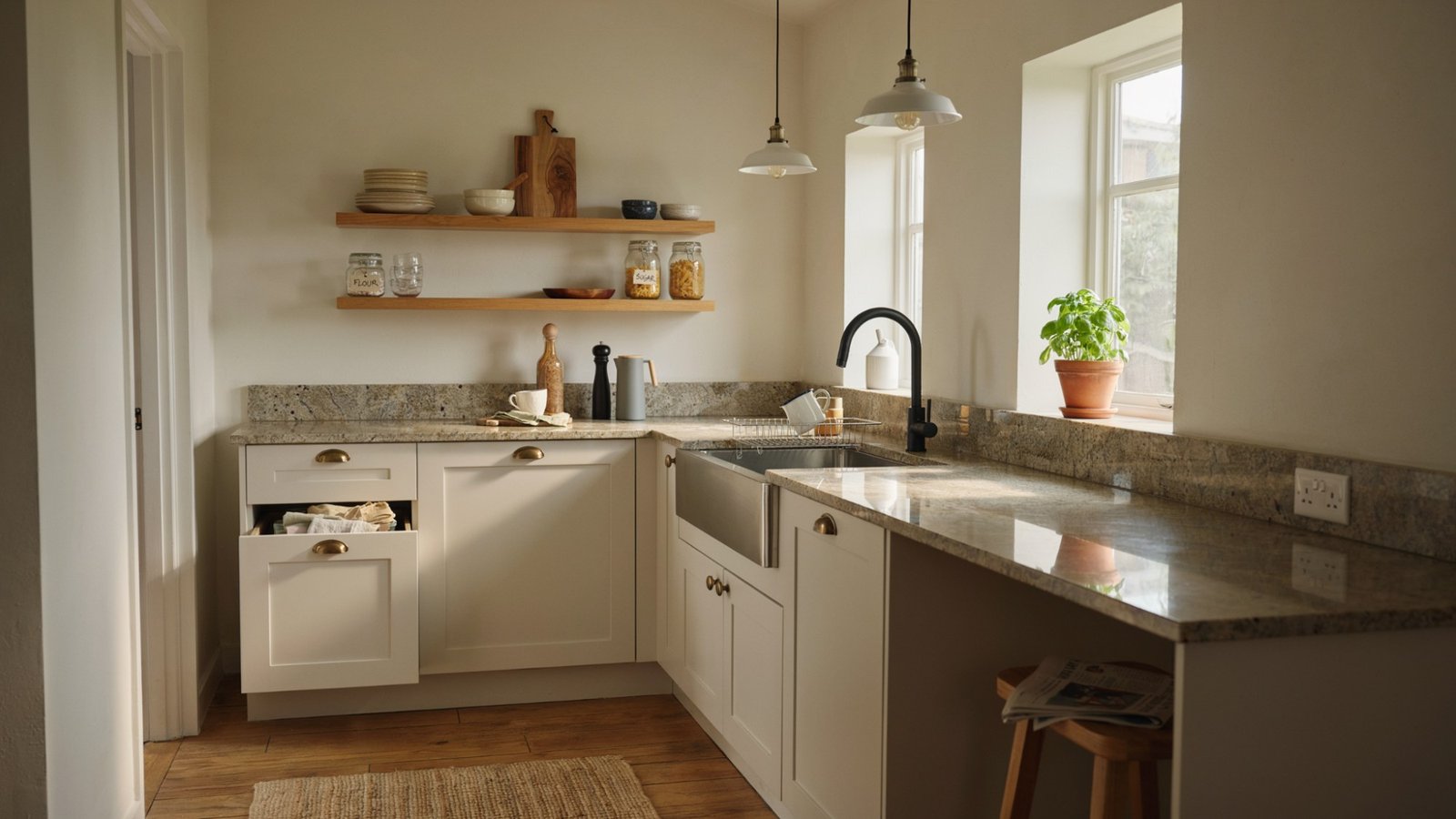 Creamy off-white kitchen walls complementing brown granite countertops.