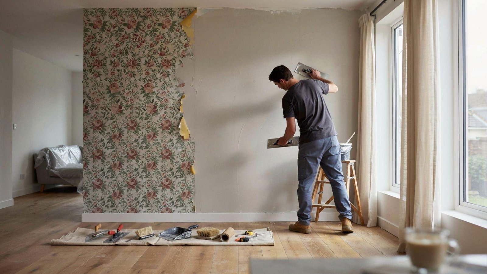 Skim coat being applied over wallpaper on interior wall during professional home renovation project