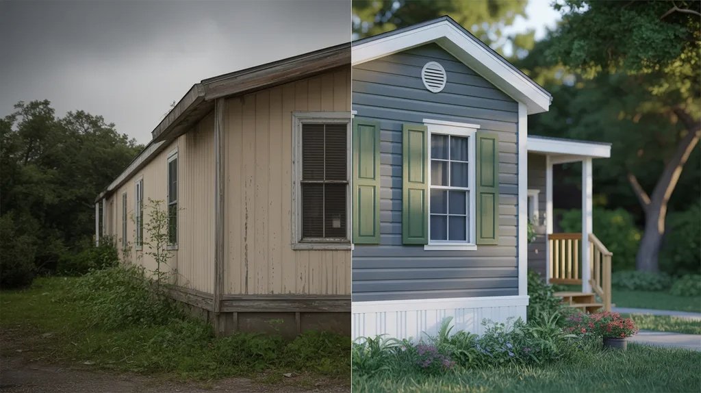 Before-and-after mobile home exterior showing transformation from dull worn paint to a fresh modern color scheme with improved curb appeal.