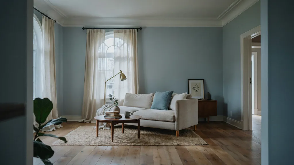 Dusty blue walls creating a calm and open feeling in a low-light room.