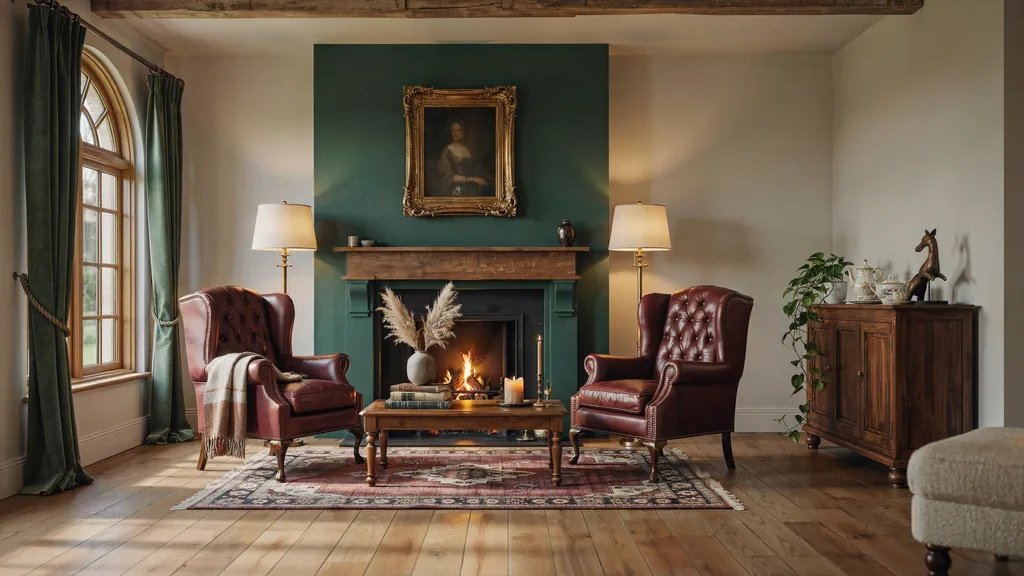Forest green fireplace accent wall creating dramatic charm and rich visual appeal.