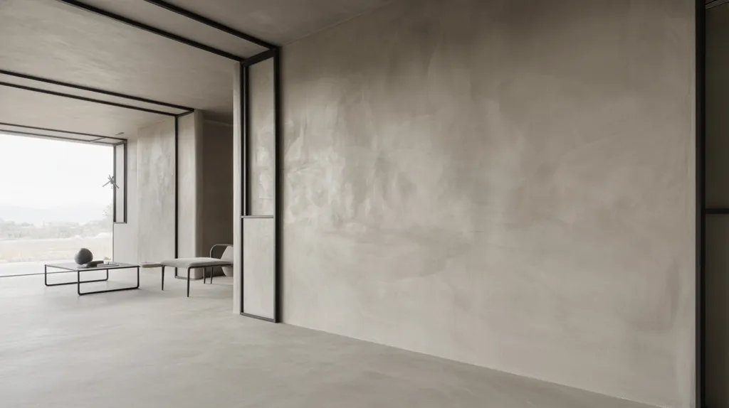 Smooth microcement walls in a modern industrial-style open living space.