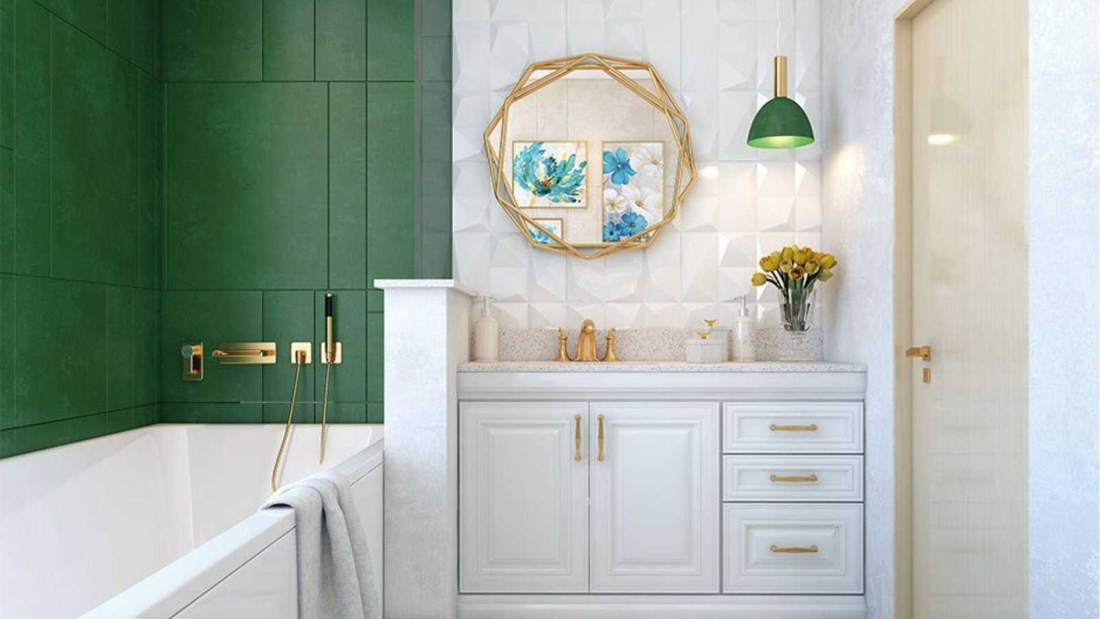 Modern spa style bathroom with emerald tile wall, white vanity, gold fixtures, and geometric mirror.