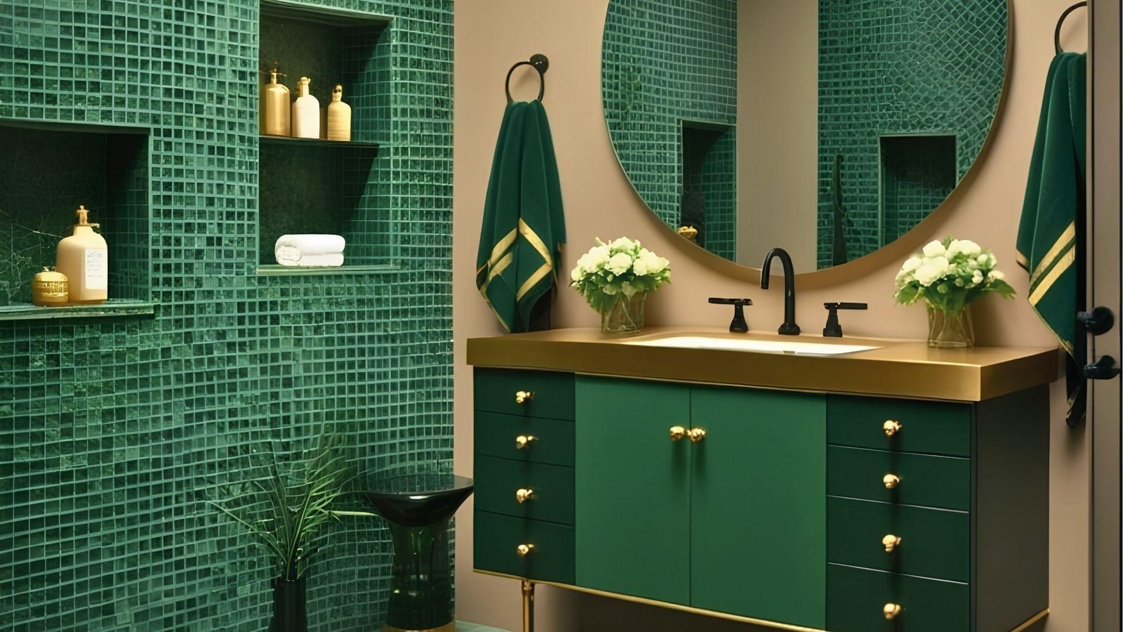 Chic green mosaic tile vanity with gold countertop, round mirror, and black faucet accents.
