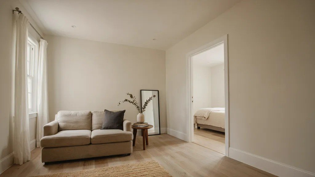 freshly painted bedroom interior smooth walls neutral colors clean edges baseboards minimal furniture empty room natural light soft shadows finish.
