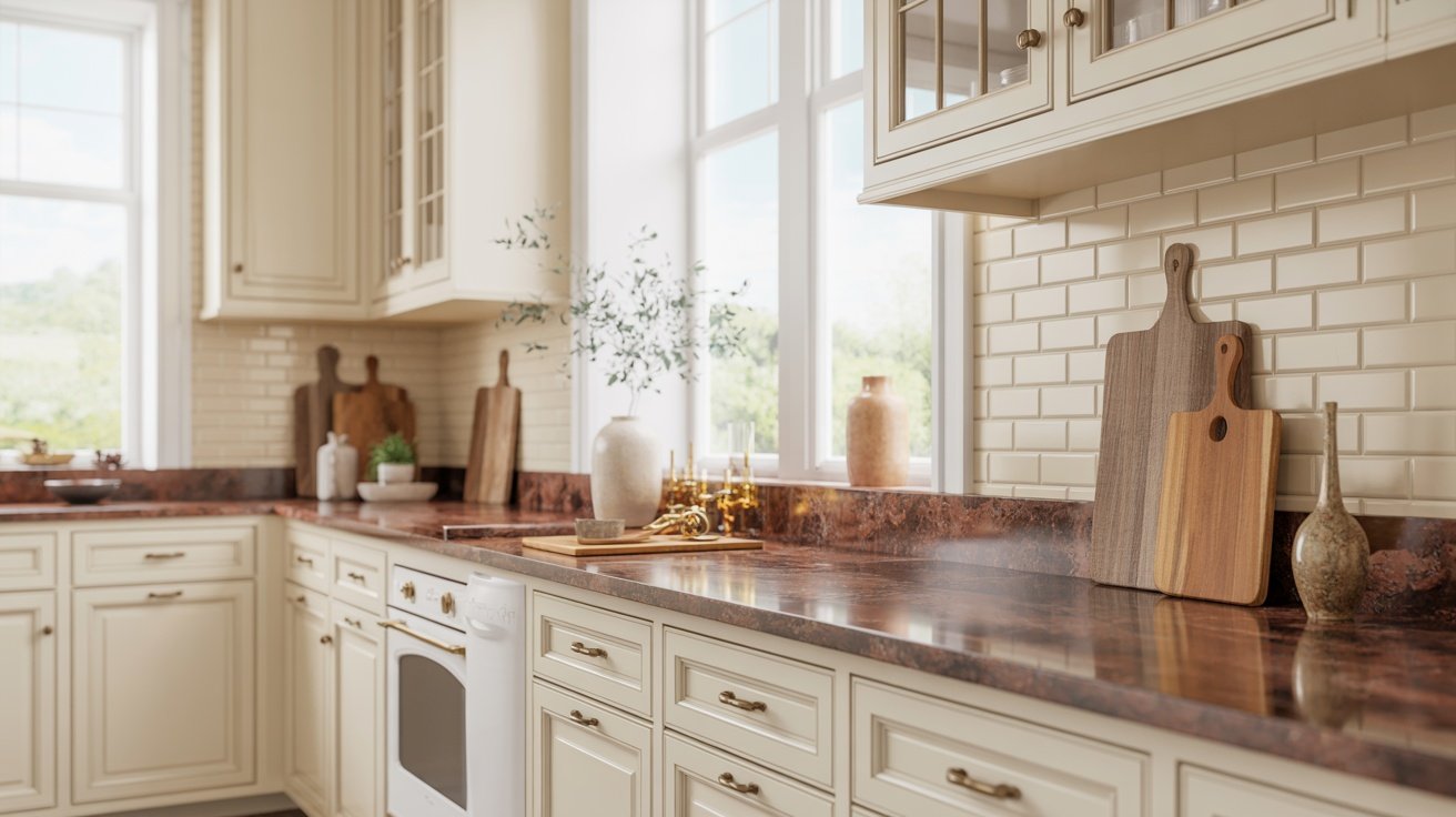 Modern kitchen with warm white cabinets, brown granite countertops, brass hardware, cream backsplash, and natural wood accents creating a bright and timeless design.
