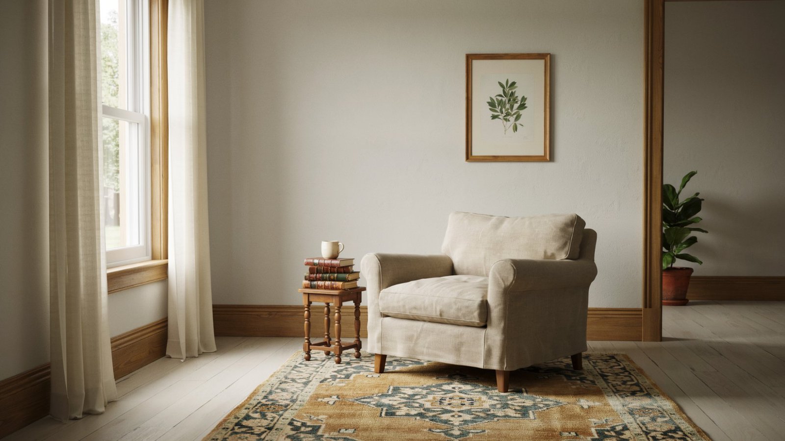 Balanced Beige paint paired with oak wood trim.