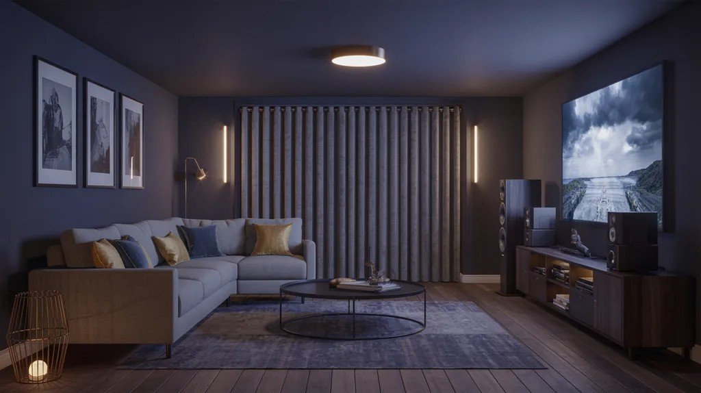Navy blue basement creating a rich cinematic feel.