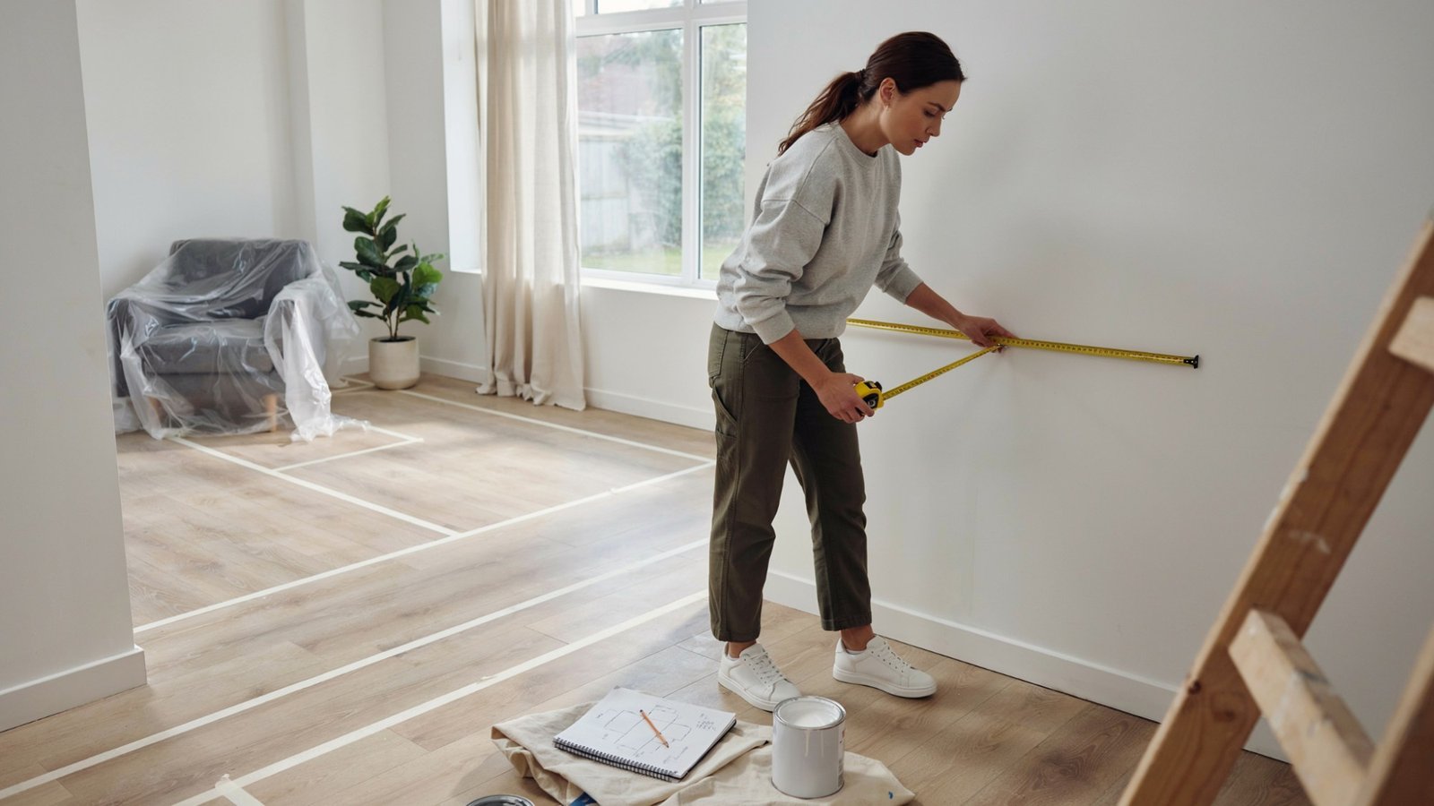 Measuring wall dimensions to calculate paint coverage.