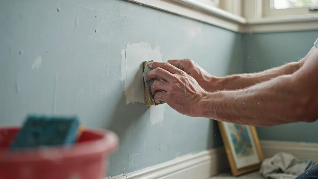 Lightly sanding a wall to create a smooth surface before painting.