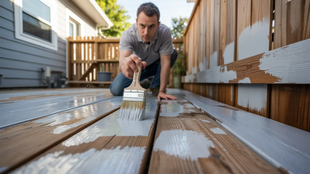 Peeling and bubbling paint on treated wood showing damage from painting too early, with a homeowner inspecting the failed finish outdoors.