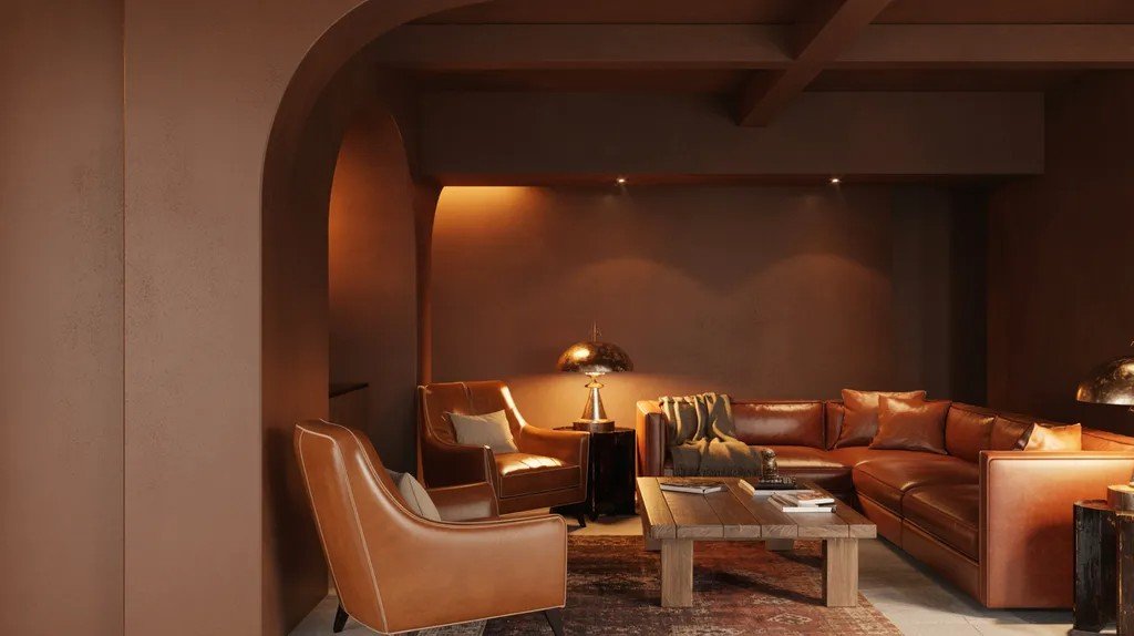 Mocha brown basement creating a cozy intimate space.