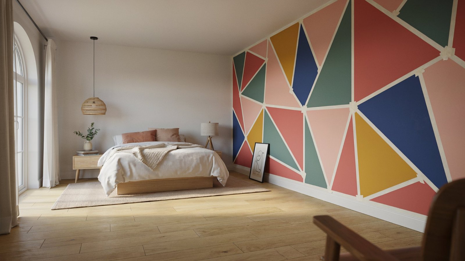 Multi-color triangle feature wall with vibrant geometric shapes adding energy and personality to the room.