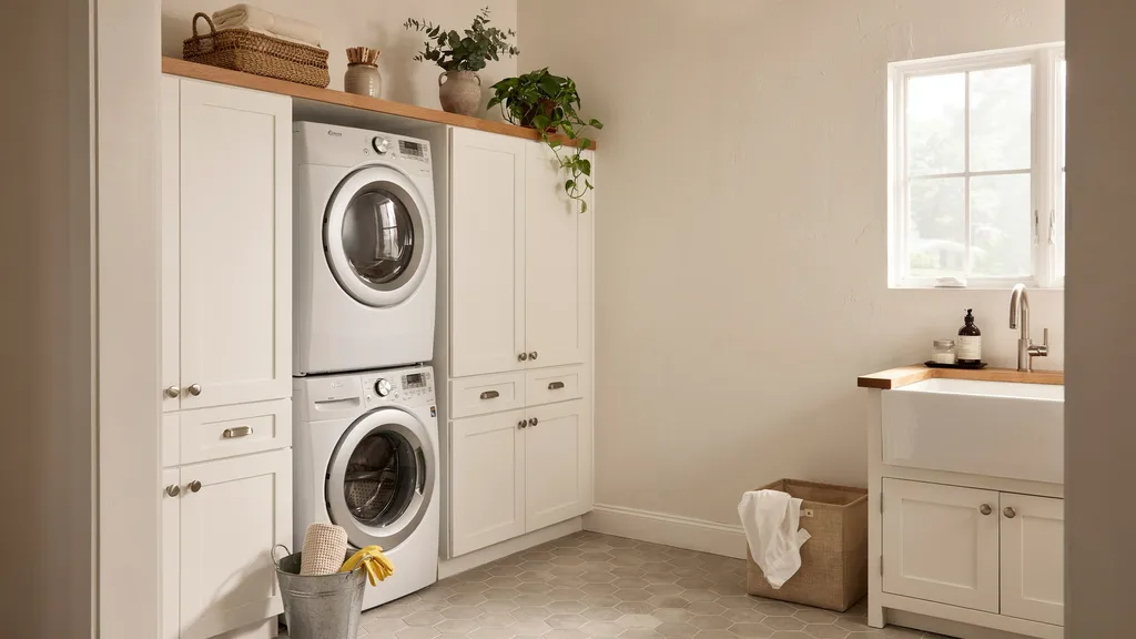 Farmhouse laundry room featuring Alabaster white paint and natural wood accents