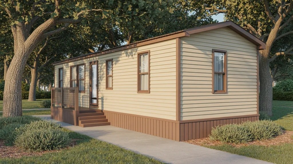 Beige mobile home with warm brown accents creating a soft and timeless exterior look.