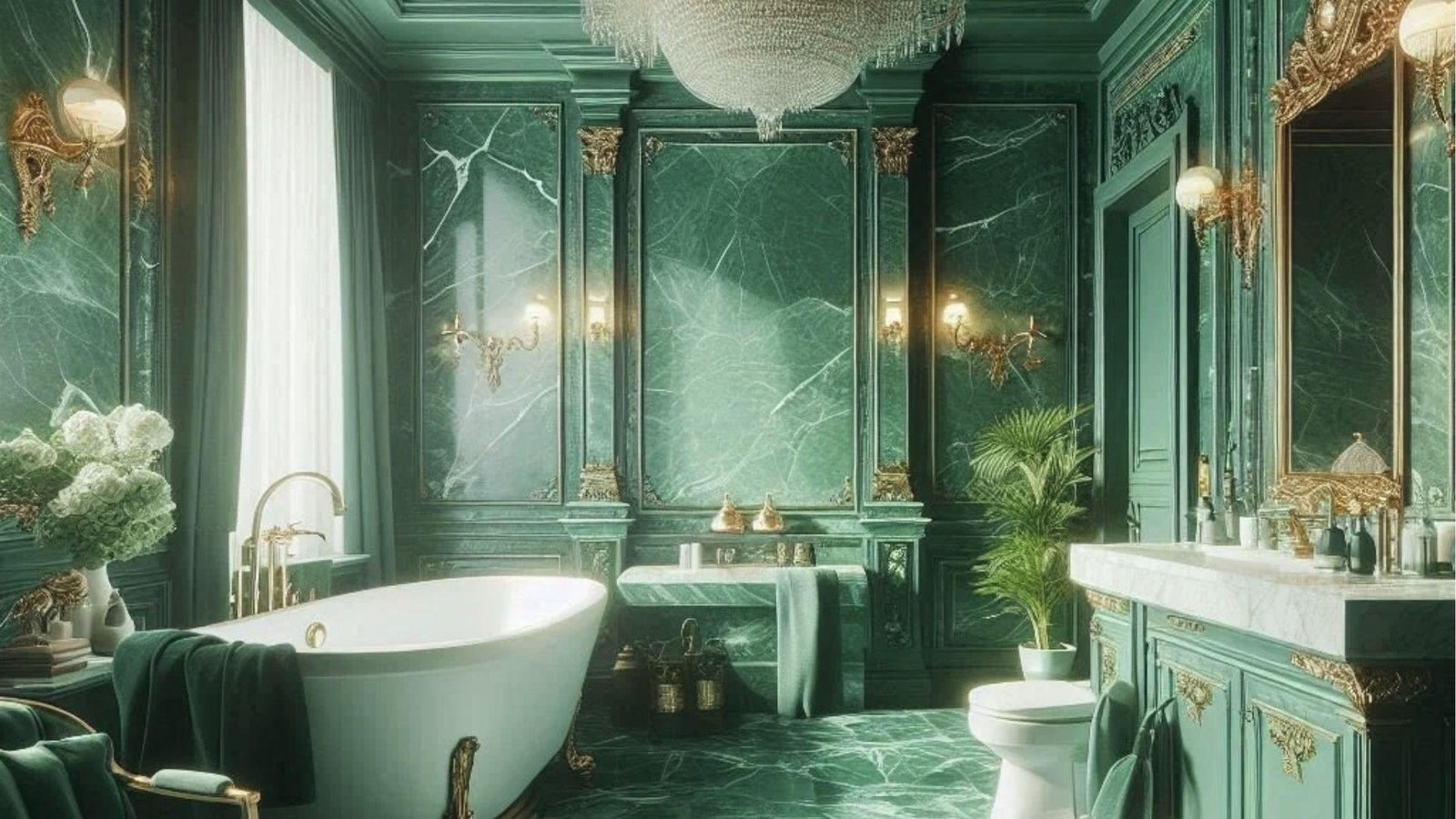 Ornate emerald marble bathroom featuring clawfoot tub, gold mirror, chandelier, and wood vanity.