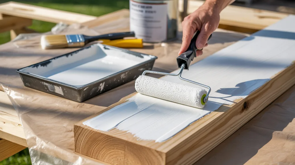Homeowner applying primer to treated wood as a base coat before painting.