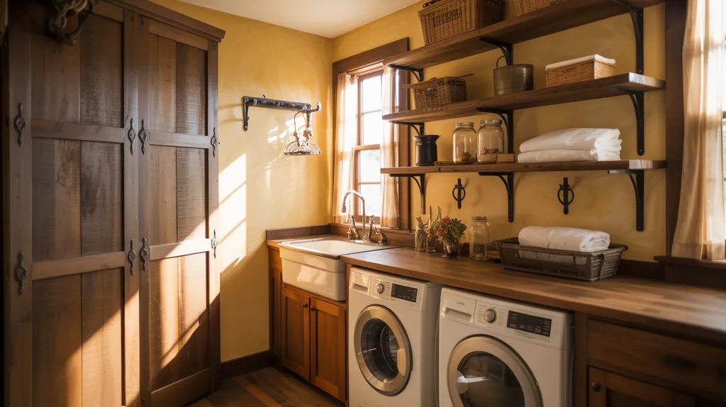 Farmhouse laundry room painted in creamy antique gold
