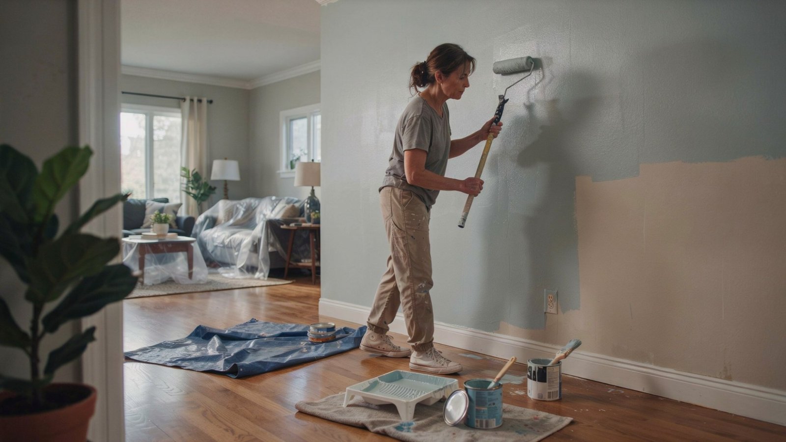 Homeowner completing a DIY house painting project.