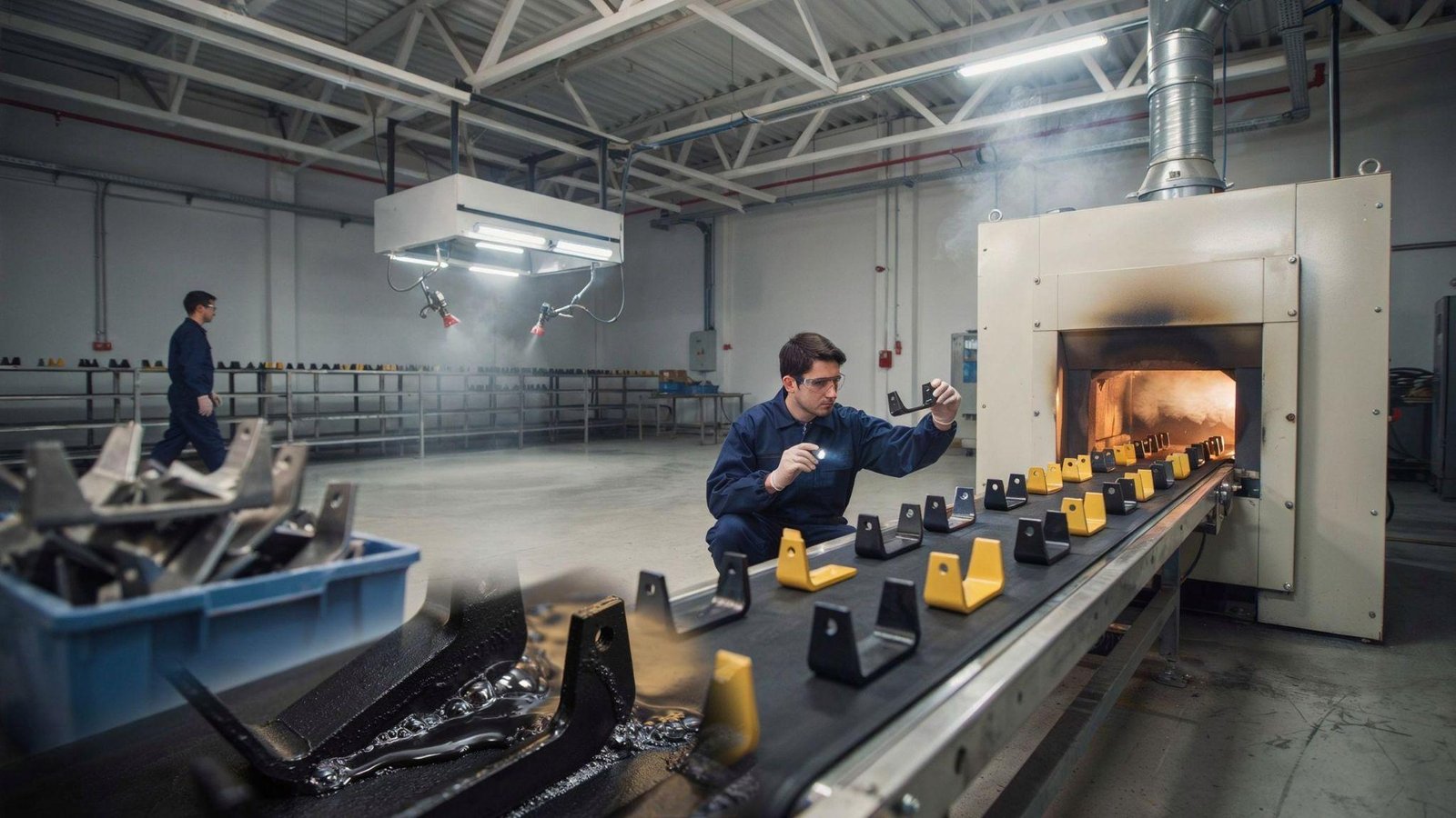 Powder coating curing process showing heat activation bonding and durable finished surface