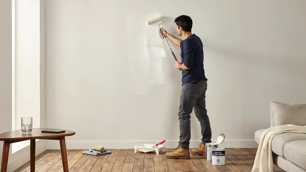 Applying primer to a repaired wall area before painting.