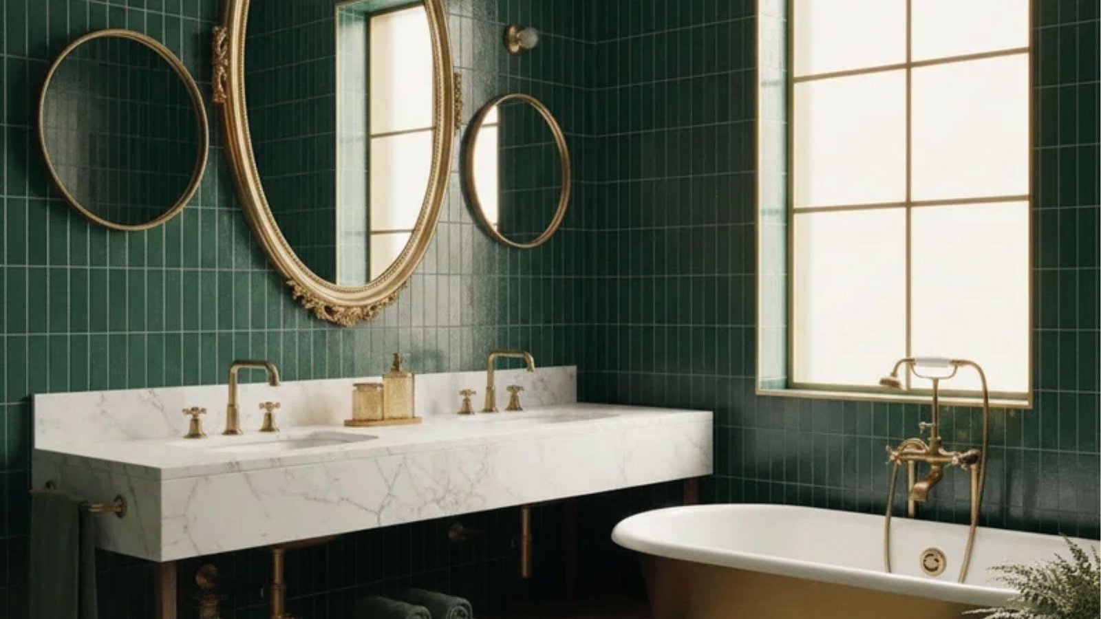 Emerald tile bathroom with ornate gold mirrors, marble vanity, gold faucet, and clawfoot tub.