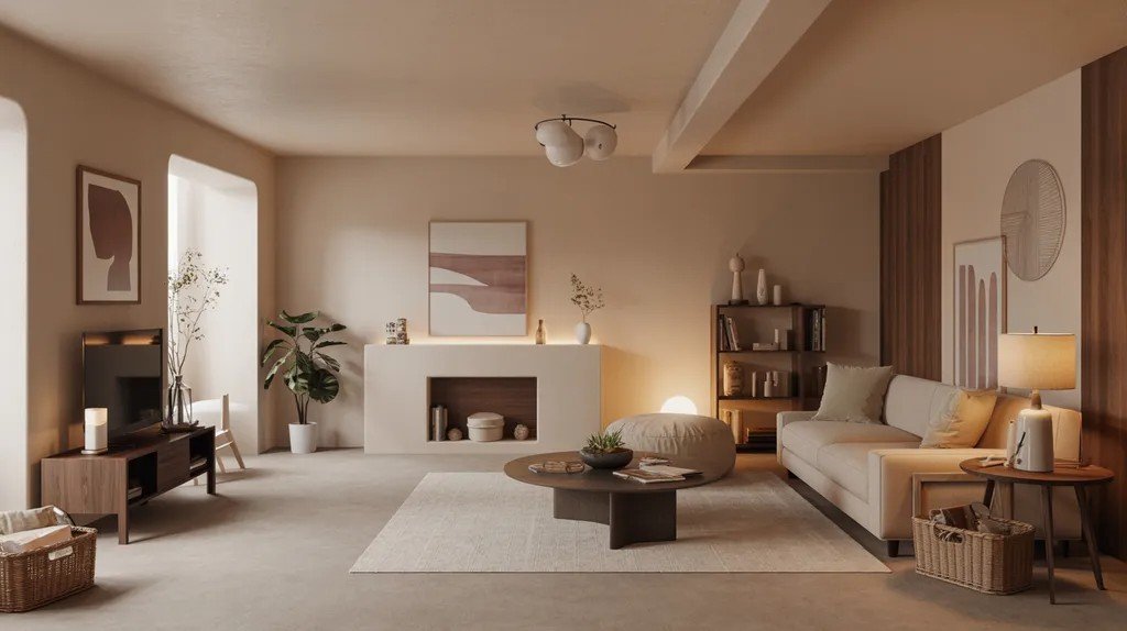 Off-white basement creating a warm and inviting atmosphere.