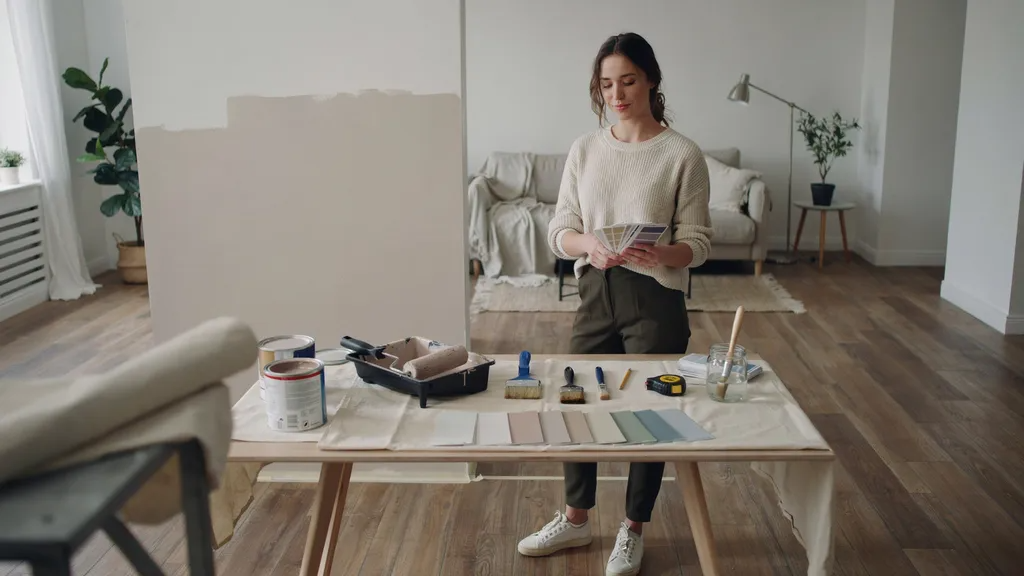 Homeowner selecting interior paint, primer, and color samples for an indoor painting project in a bright modern room.