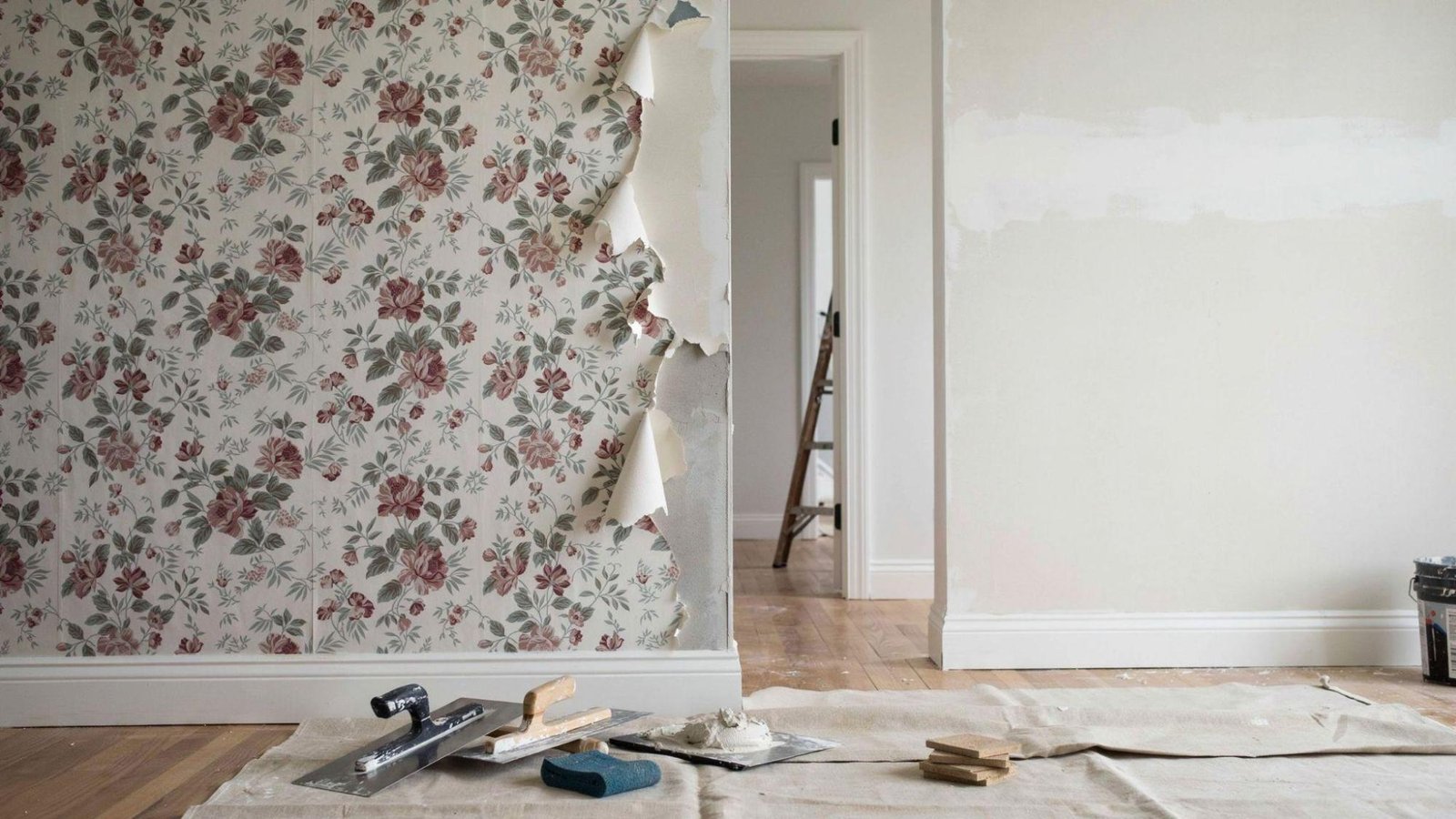 Wallpaper wall showing smooth skim coating alongside peeling sections requiring removal before refinishing