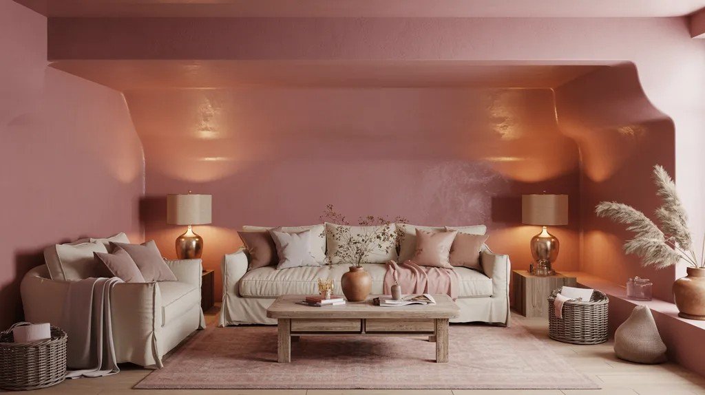Dusty rose basement with warm subtle tone.