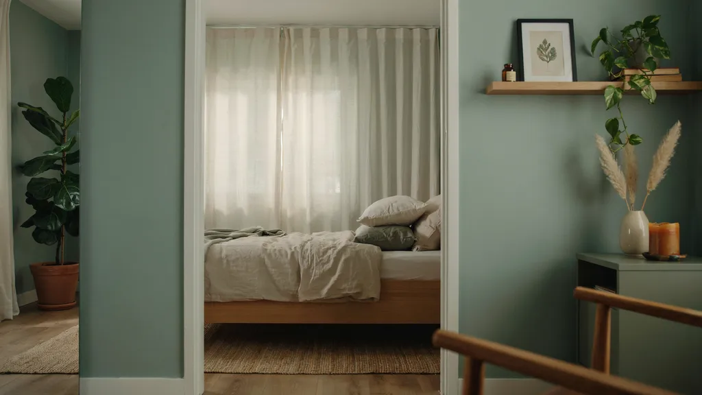 Soft sage green walls bringing a calming and natural feel to a dark room.