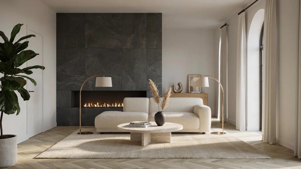 Charcoal gray fireplace accent wall creating bold contrast and modern visual depth.