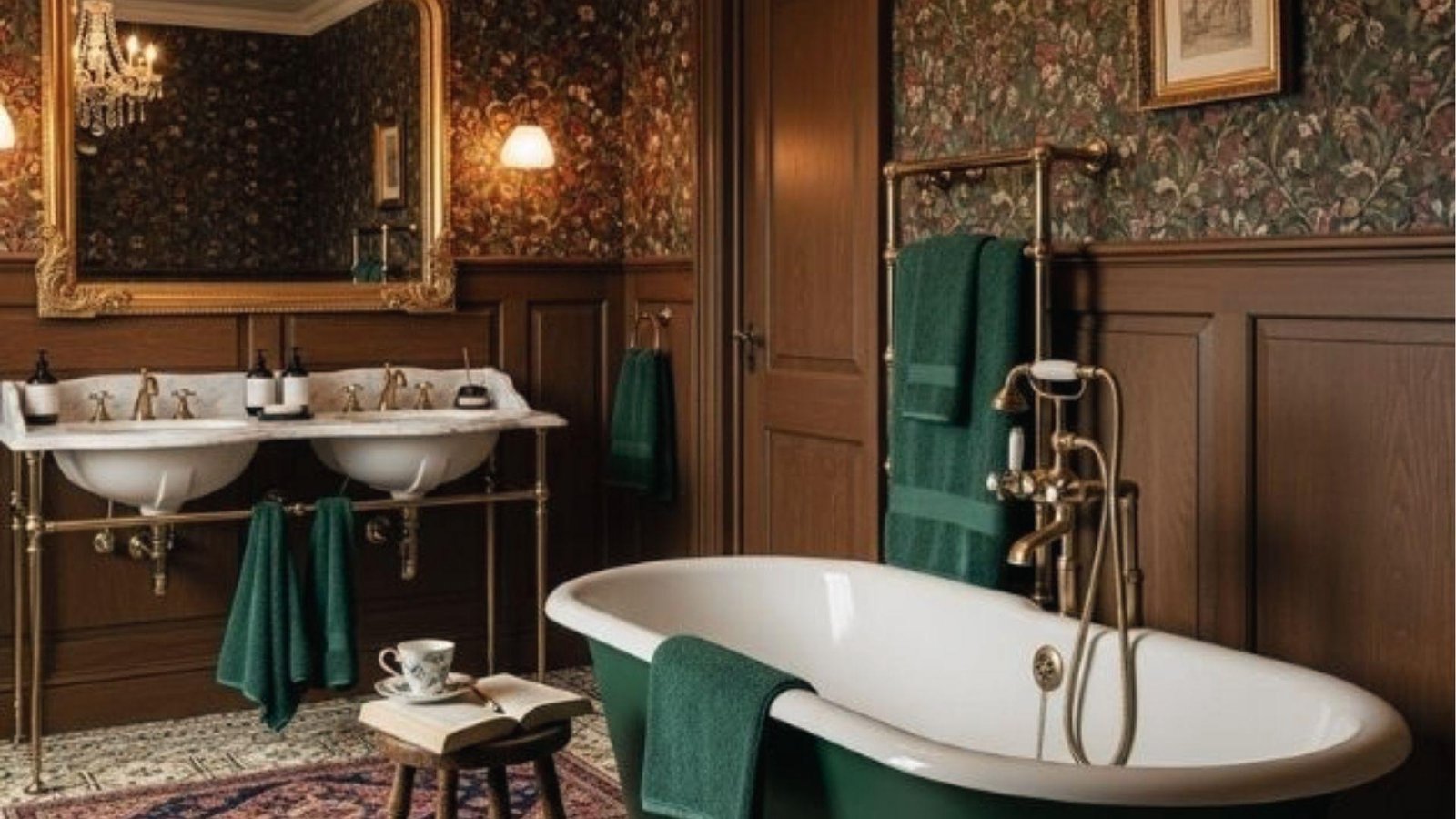 Vintage bath with floral wallpaper, green tub, brass fixtures, gold mirror, and emerald towels.