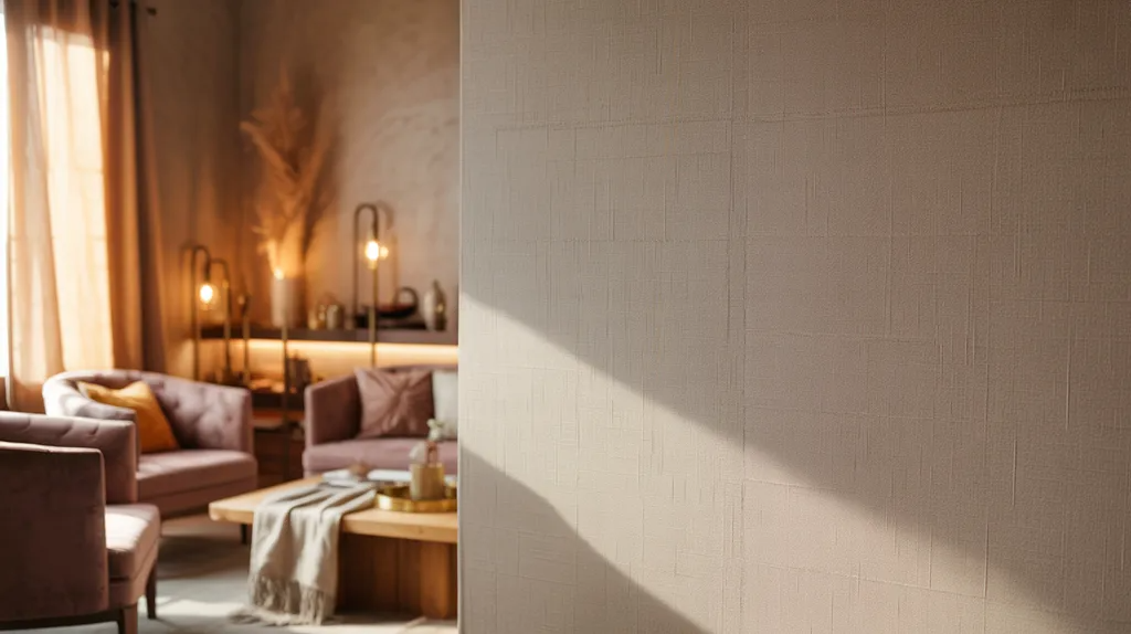 Soft fabric-like textured wall finish in a warm cozy interior space.