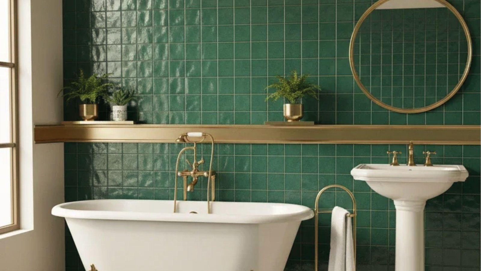Classic clawfoot tub with gold fixtures against glossy emerald tile and round gold mirror accents.