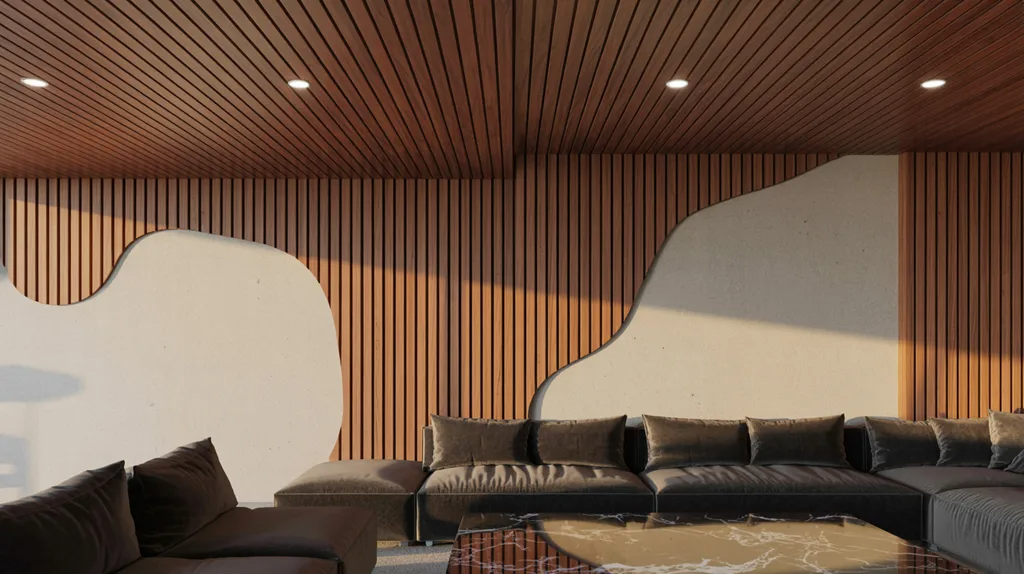 Vertical slatted wood accent wall creating depth in a modern interior.