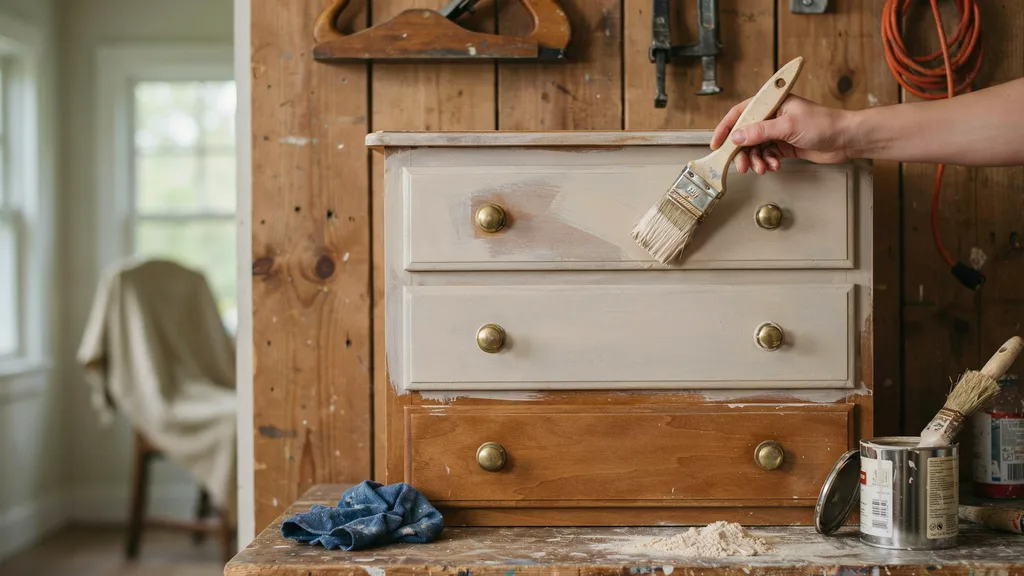 Applying the first coat of chalk paint to furniture.