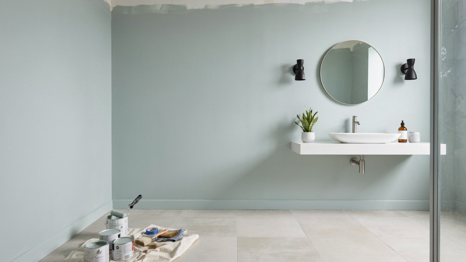 Small bathroom painted with a quart of paint.