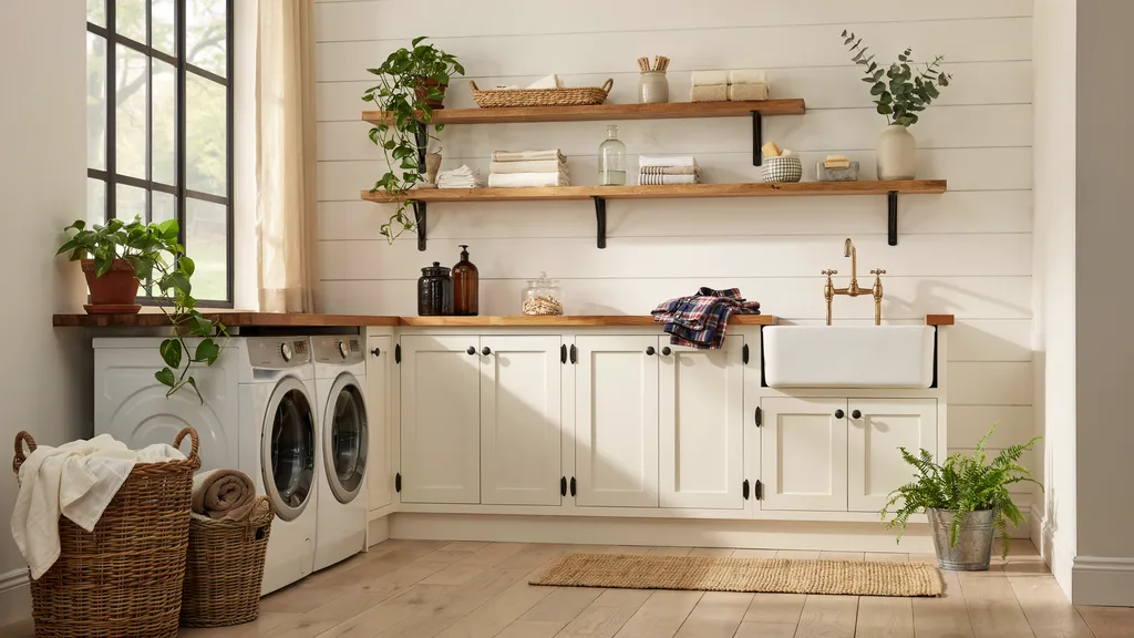 Farmhouse laundry room featuring popular paint colors with rustic wood accents and white cabinetry.