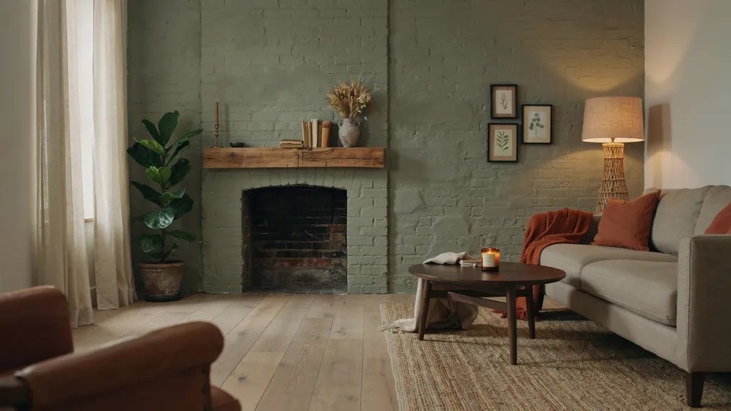 Olive green fireplace accent wall adding earthy warmth and character to the space.