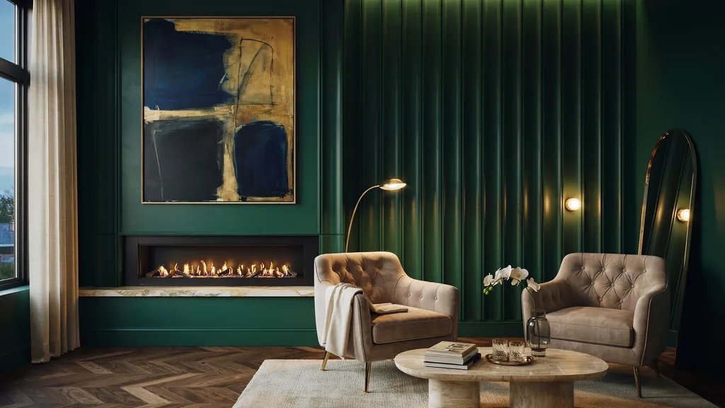 Deep emerald fireplace accent wall adding luxury and bold visual interest.