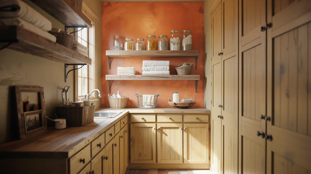Farmhouse laundry room featuring Fame Orange accent wall