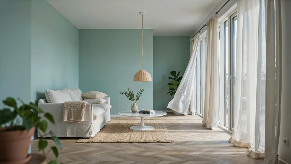 Seafoam green sunroom with white furniture and bright sunlight.