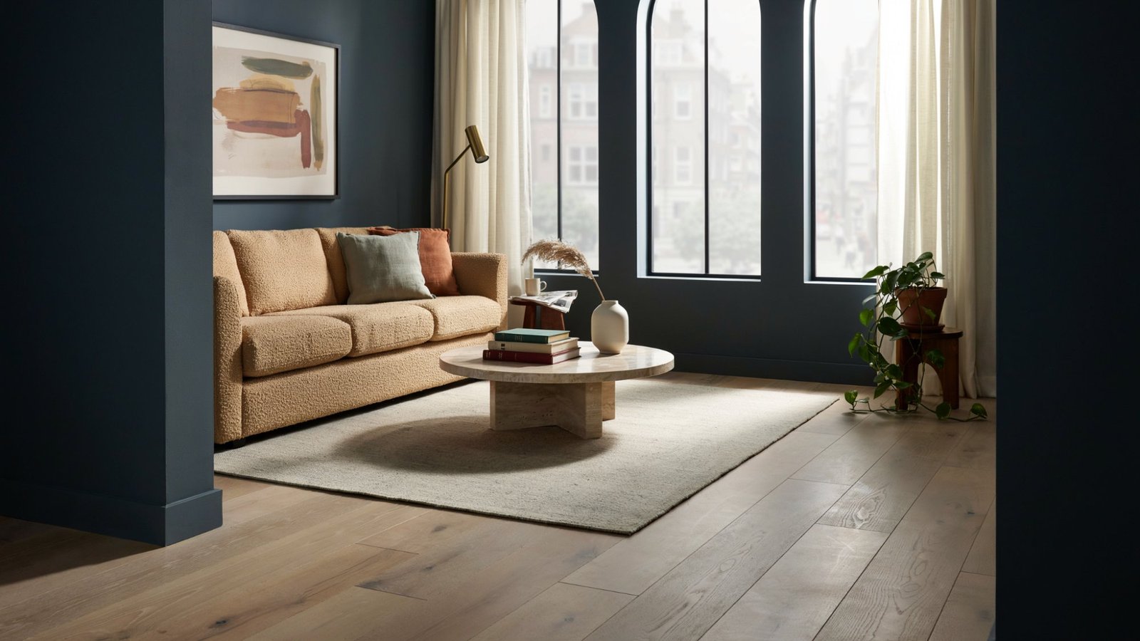 Small charcoal-painted room that feels open and inviting with good lighting and furniture placement.