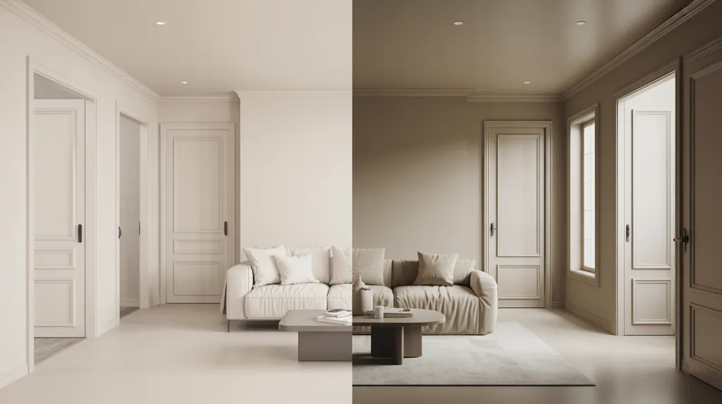 Living room comparison showing mismatched trim and doors versus a seamless look where walls, doors, and trim are painted the same color.