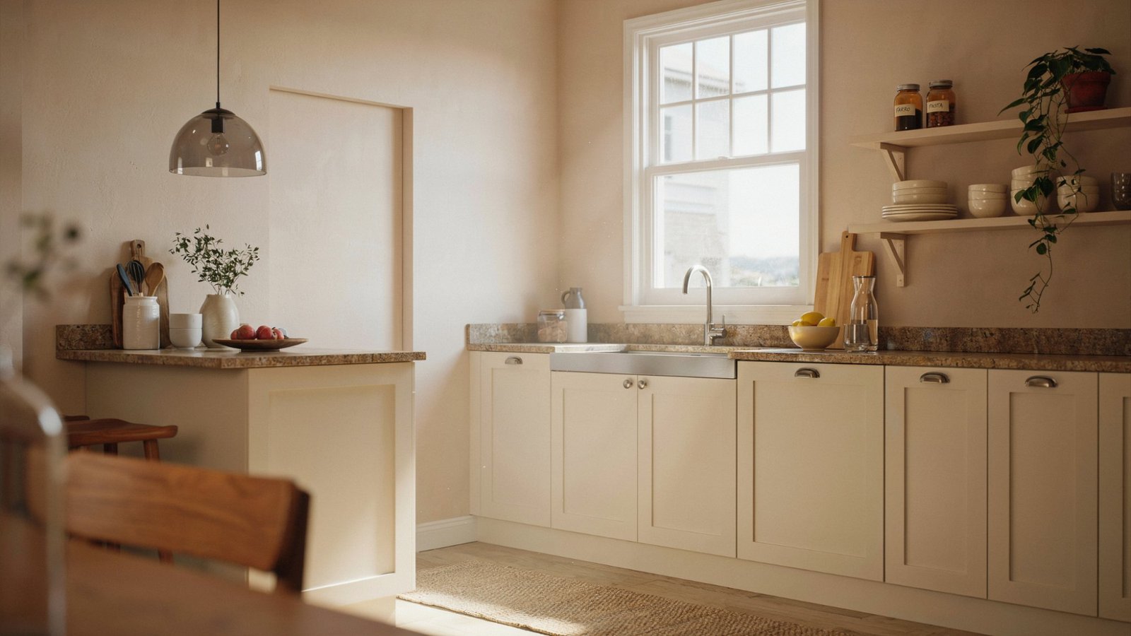 Light peachy-beige paint color paired with brown granite countertop.