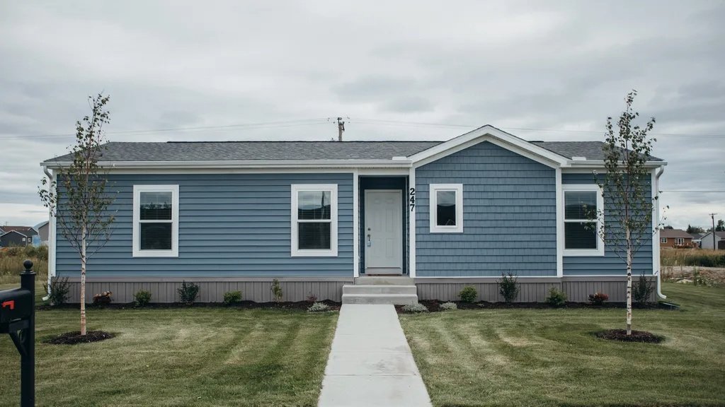 Stormy blue-grey mobile home with white trim creating a refined and modern exterior look.